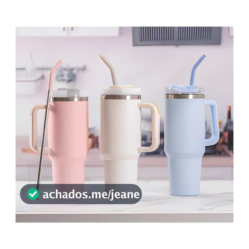 Copo Térmico Grande 1200ML Com Alça Com Canudo Em Metal Garrafa Em Aço Inoxidável