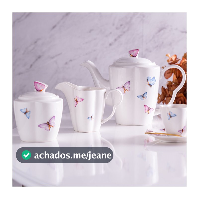 Jogo de 3 Peças em Porcelana para Café Borboletas Wolff Bule Leiteira Açucareiro Requintado Luxo Borboletinhas Butterfly