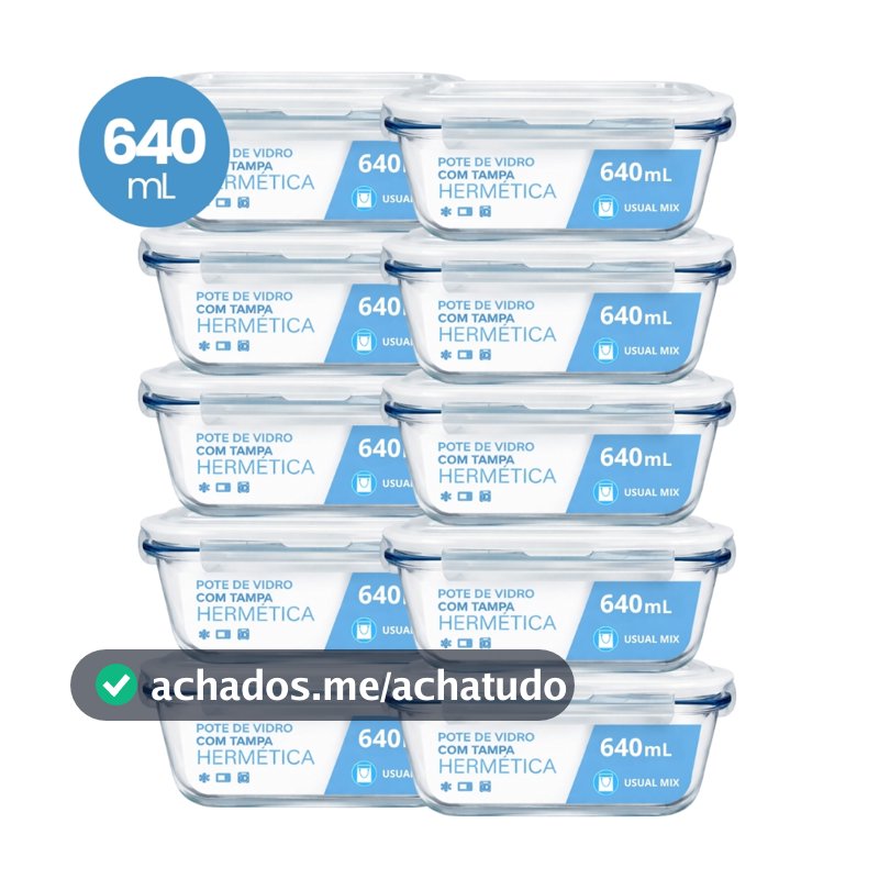 Kit 10 Pote Vidro Hermético Marmita 640ml Micro-ondas Freezer Forno Organização Geladeira