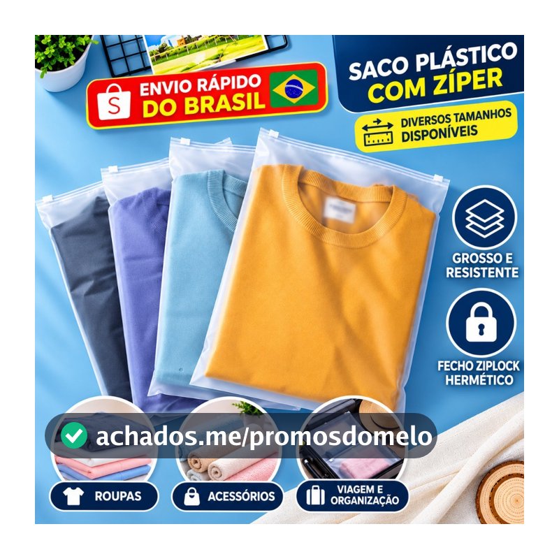 Saco Plástico Fosco Branco Para Roupas E-commerce Com Zíper Kit 10/20/50 Unidades
