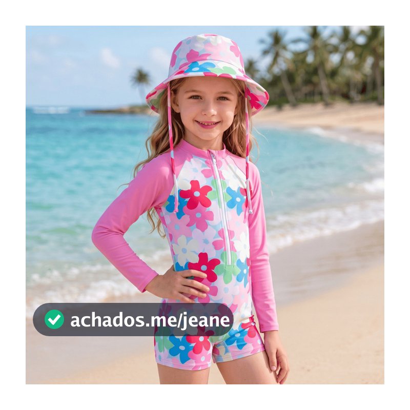 Conjunto de maiô inteiro tipo biquíni para meninas com proteção UV 50+ e chapéu, adequado para uso na piscina