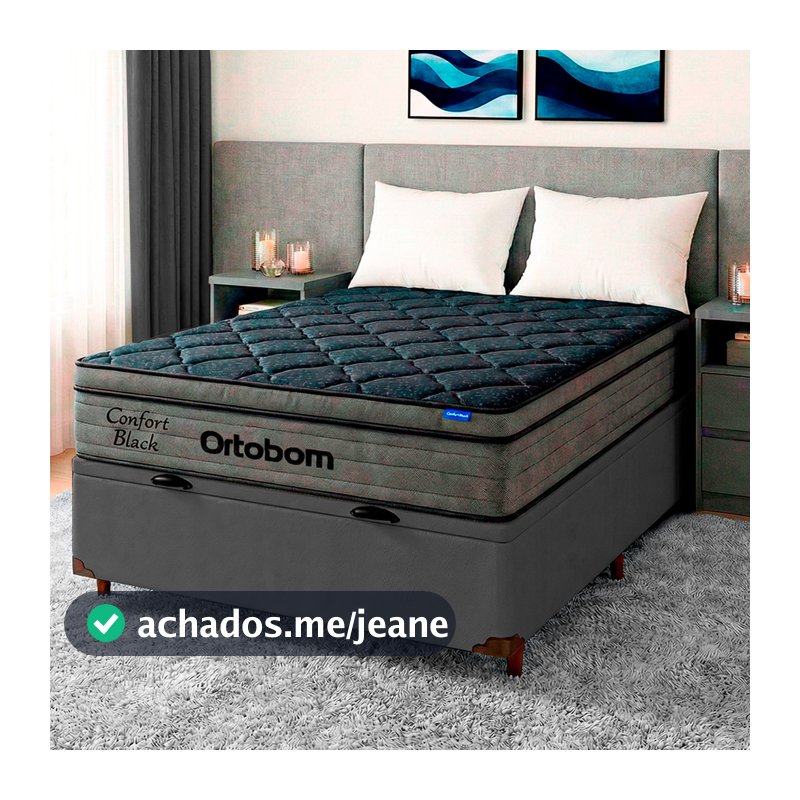 Cama Box Bau Cinza + Colchão Casal Confort Black Ortobom