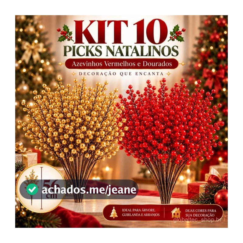 Kit 10 Pick Natalino Azevinho Artificial 56cm Galho Berry Cereja Enfeite Decoração Árvore de Natal Arranjos Guirlanda