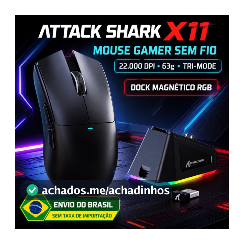 Mouse Gamer ATTACK SHARK X11 Sem Fio Tri-Mode (2.4G/Bluetooth/USB) Sensor PixArt PAW3311, Base RGB