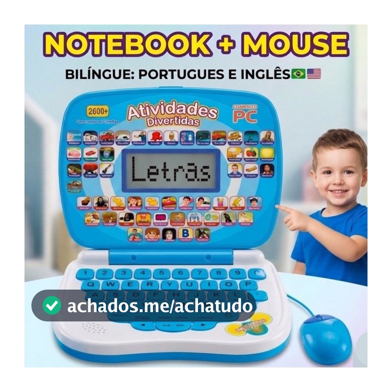 Notebook Laptop + Mouse Infantil Educativo Bilíngue Música Aprender Brincando Brinquedo Educacional