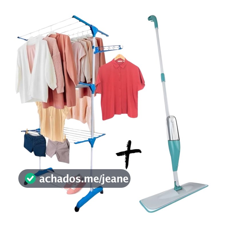 Kit Varal Dobrável Inox 3 andares c/ rodinhas + Mop Spray 3 em 1 c/ reservatório 400ml