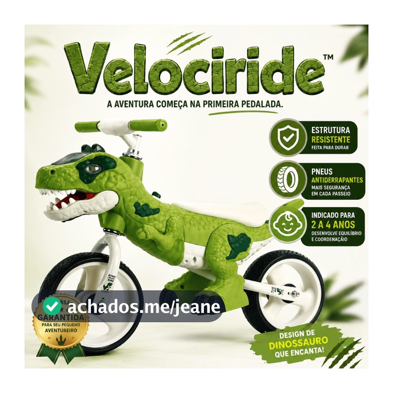 Bicicleta Infantil Aro 12 Dinossauro Verde com Assento Acolchoado Pneus Antiderrapantes 2 a 4 Anos Velociride™
