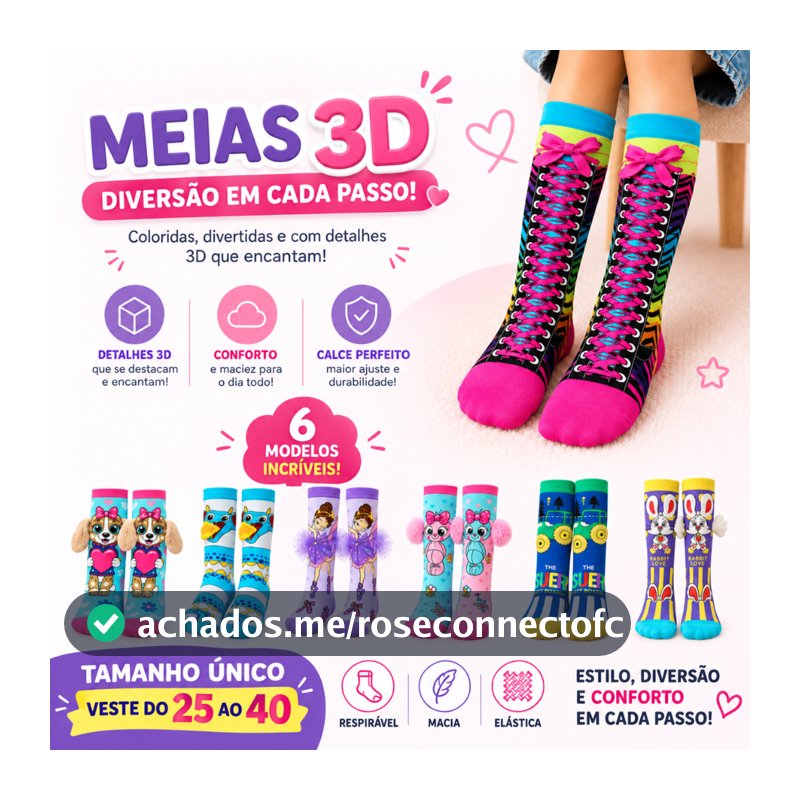 Meia 3D Divertida Infantil e Adulto Modelos Coloridos e Criativos Tamanho Único do 25 ao 40