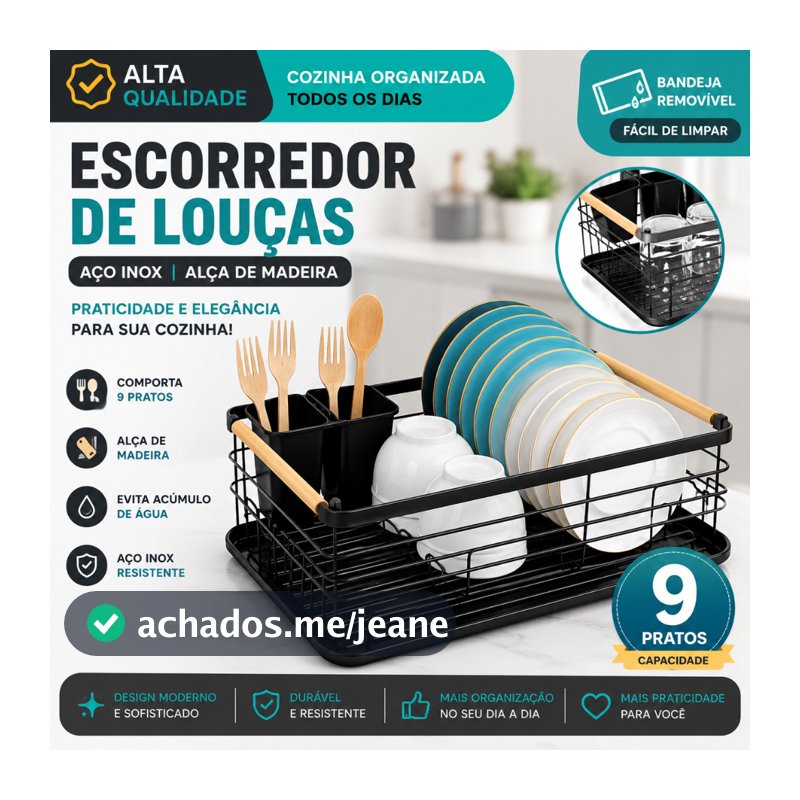 Escorredor de Louças em Aço Inox com Alça de Madeira Bandeja Removível Ideal para Pia e Bancada - CH