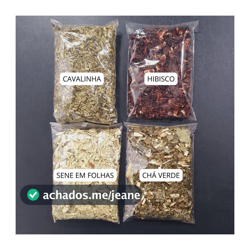 Kit 4 Chás Naturais Desinchá – Cavalinha + Sene em Folhas + Hibisco + Chá Verde – 100g Cada