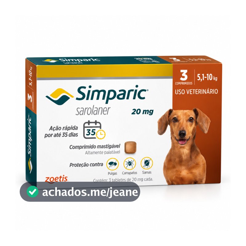 Simparic 20mg Zoetis Antipulgas Carrapatos e Sarnas para Cães de 5,1Kg a 10Kg