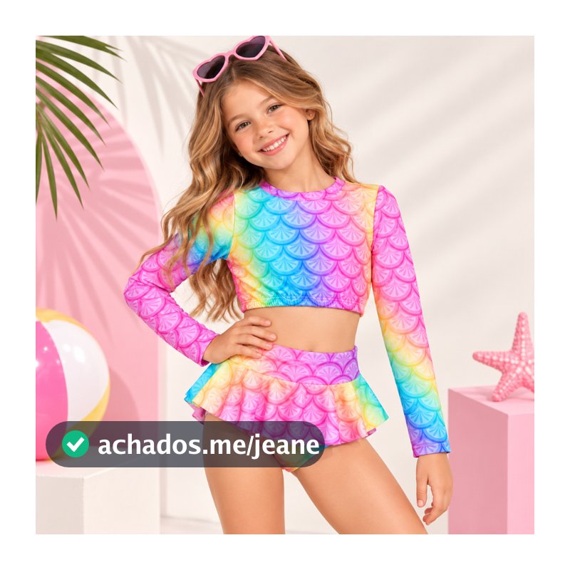 Biquini Infantil Conjunto Top Manga Longa e Calcinha Proteção UV  Suplex Premium Moda Praia