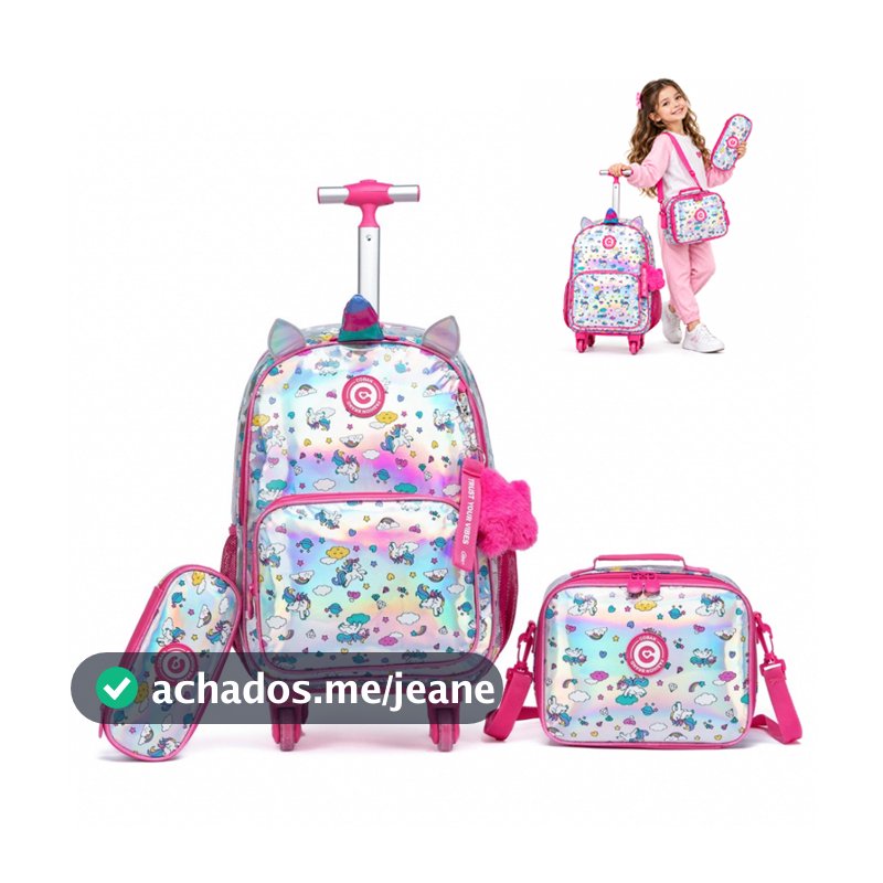 Kit Mochila Rodinhas Lancheira Estojo Escolar Menina Reforçada Espaçosa Coban