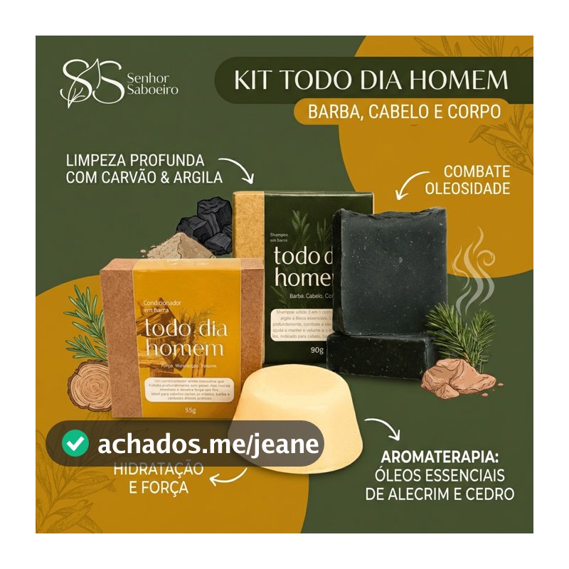 Kit Todo Dia Homem: Shampoo 3 em 1 + Condicionador Sólido Masculino - Anticaspa Volume Hidratação - Cabelo Barba Corpo