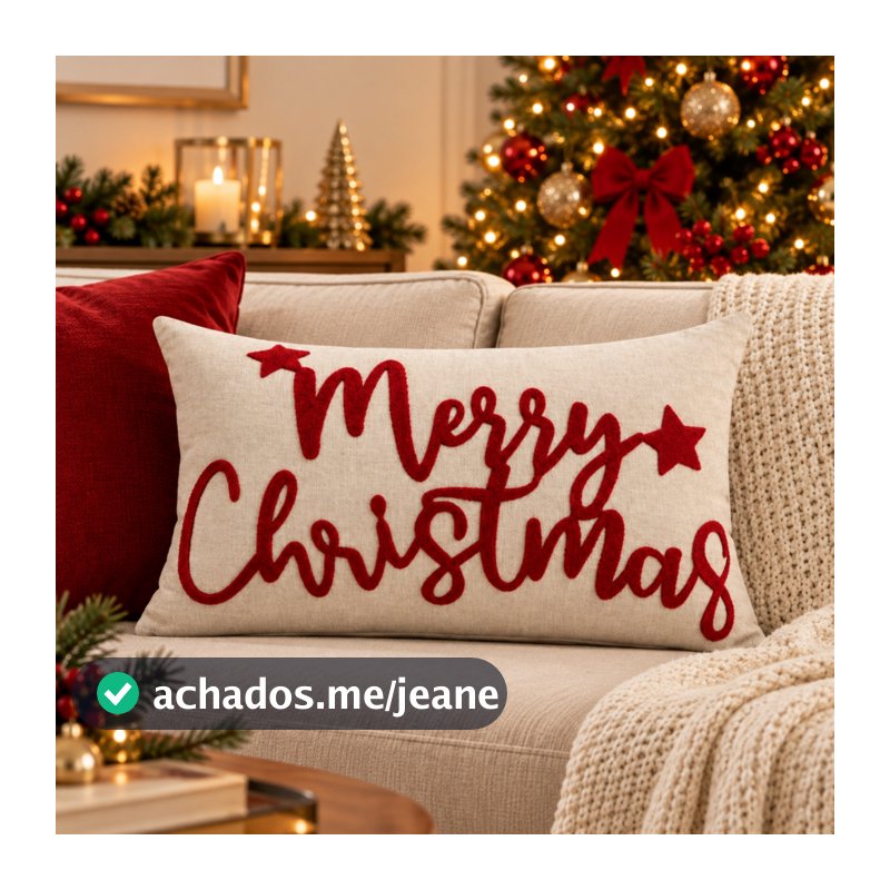 Capa De Almofada Retangular Linho com Boucle Natalino Decoração Enfeite Natal Baguete Merry Christimas 30x50cm