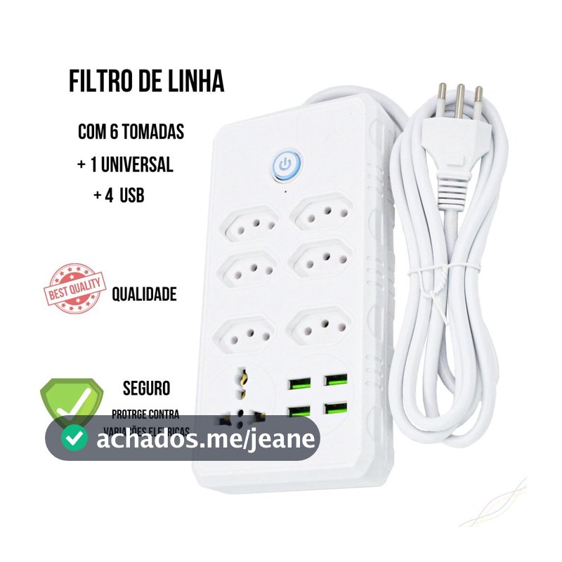 Régua Filtro de Linha com 7 Tomadas Extensão Elétrica 1 Universal 4 USB Bivolt 10A 110v/220v Cabo de 2 Metros Seguro e confiável