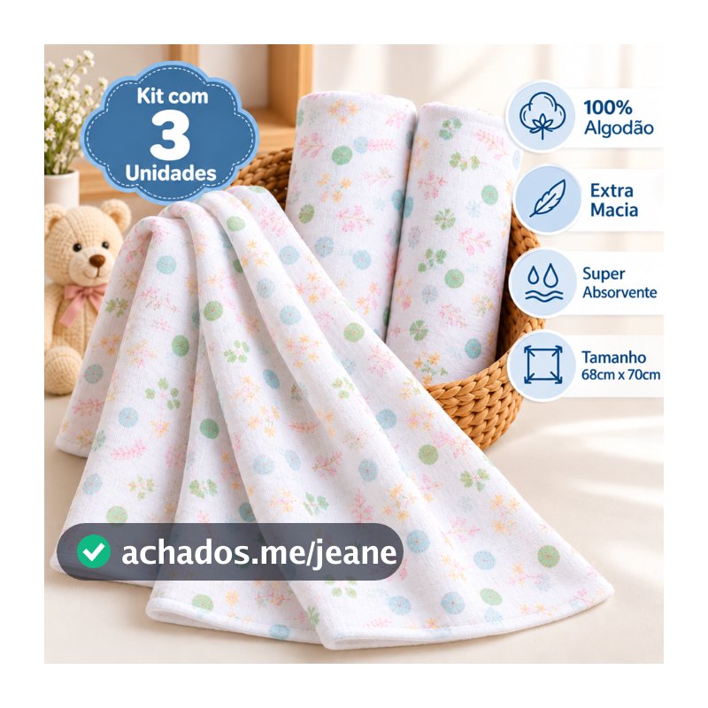Kit 3 Fralda Pano De Ombro com Bainha Bebe Maternidade 100% Algodão Enxoval Macio Higiene