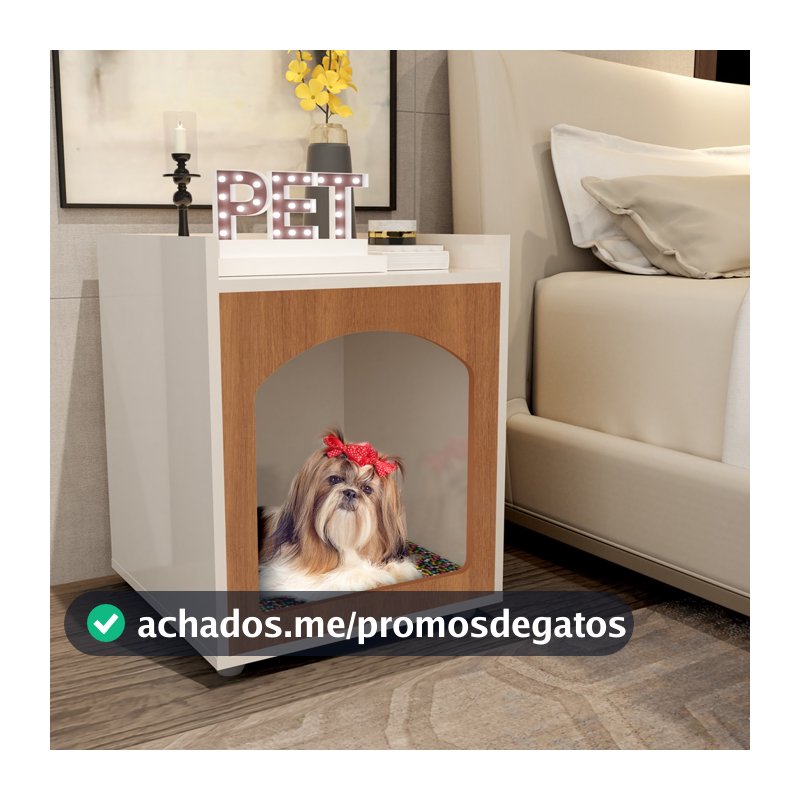 Mesa De Cabeceira Pet, Casinha De Cachorro/Gato, Off White / Freijó