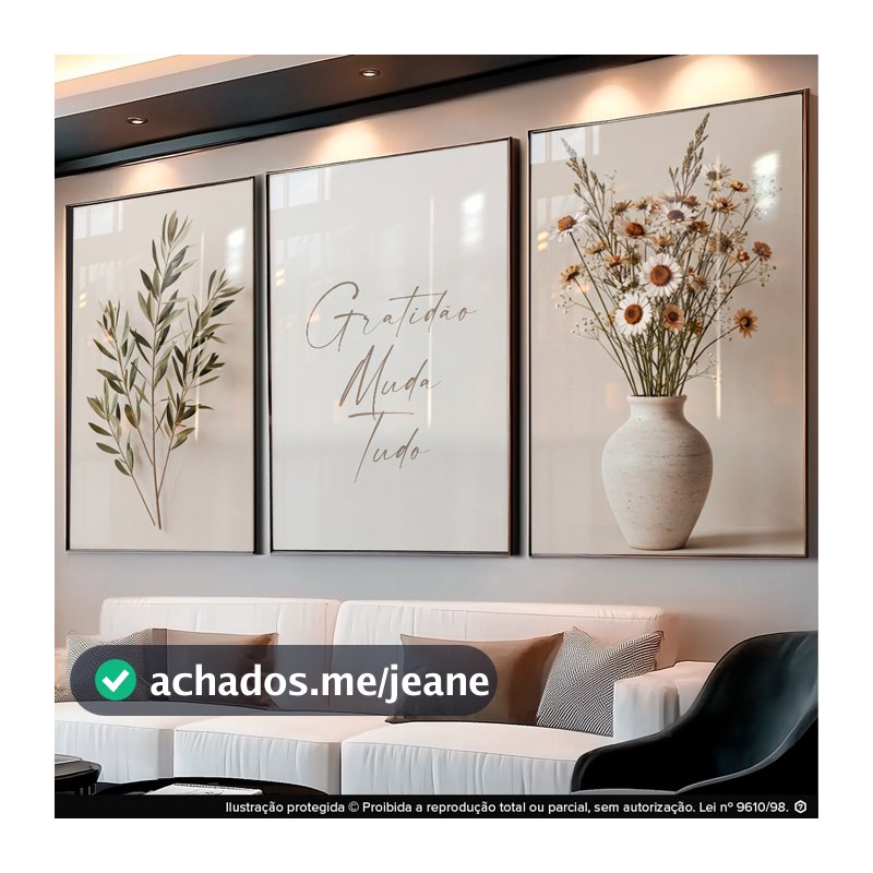 Quadros Decorativos Boho Gratidão Muda Tudo Sala Kit Vaso Flores Sala
