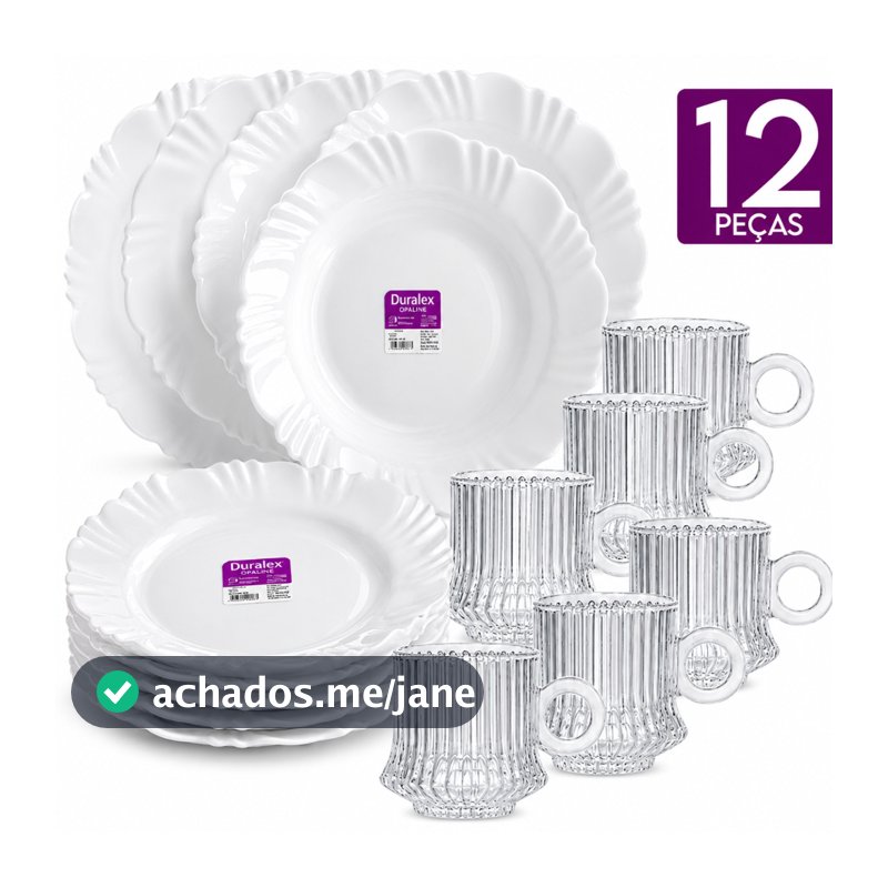 Kit 12 Peças Duralex Opaline 6 Pratos Petala Fundo Vidro Branco e 6 Xícaras Robust Canelada Buffet