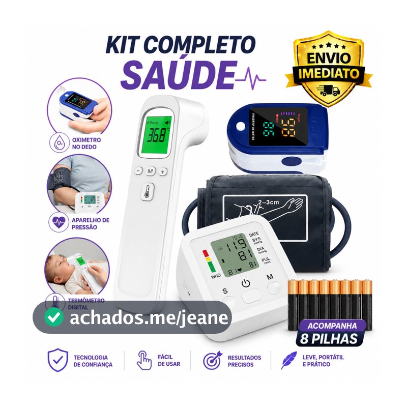Medidor de Pressão Digital + Oxímetro de Dedo + Termômetro Infravermelho Sem Contato