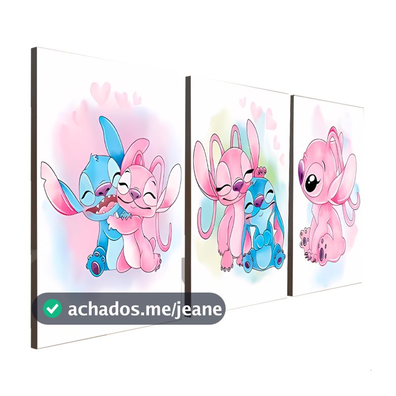 Quadros Decorativos 3 Peças Lilo & Stitch Amor Rosa e Azul Pintura Casa Sala Quarto Decoração Parede