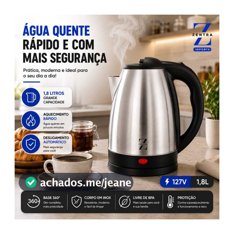 Chaleira Elétrica de Aço Inox 1.8L de 110V Ferve Água Rápido
