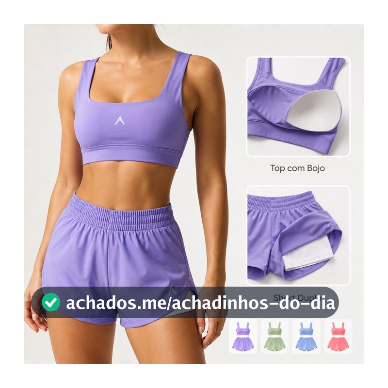 Conjunto Short Duplo Fitness Feminino Top com Bojo Premium Poliamida Tactel Academia Corrida Cintura Alta