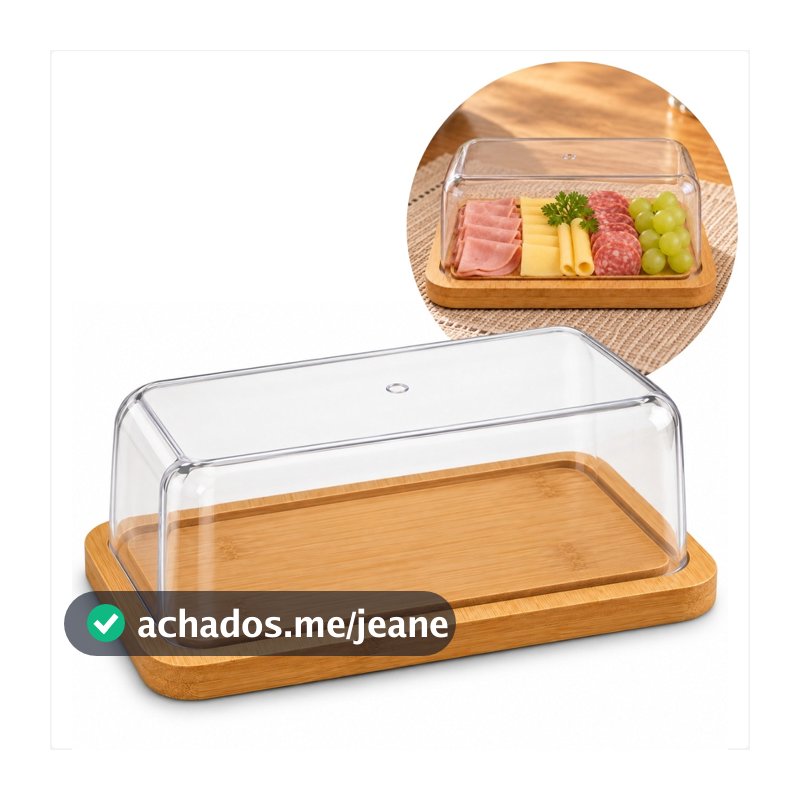 Porta Frios De Bambu Com Tampa Transparente Plástica Para Queijos Presunto Salame E Manteiga