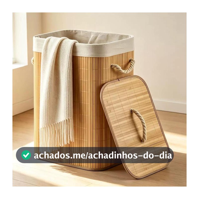 Cesto de Roupa Suja Bambu Retangular 72L Com Tampa Alças Forrado Organizador Banheiro Lavanderia Multiuso