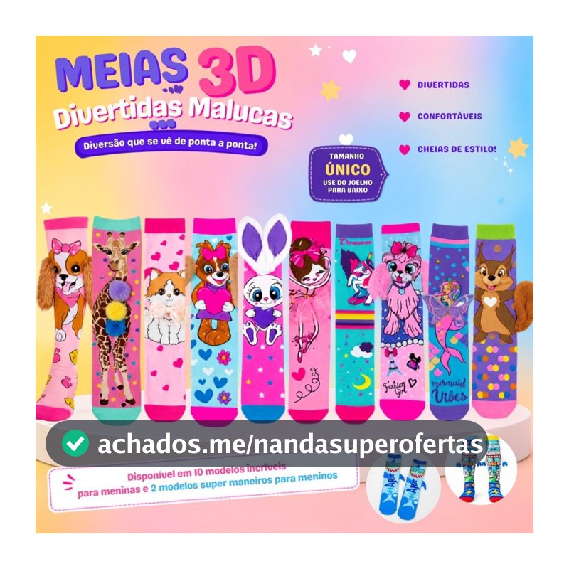 Meia 3D Divertida Maluca Infantil Adulto Cano Alto Tamanho Único Para Menina/Menino