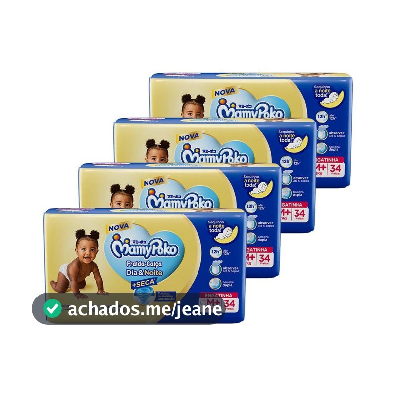 Fralda Descartável MamyPoko Calça Dia & Noite Jumbo Tamanho M - 4 Pacotes com 34 Fraldas - Total 136 Tiras