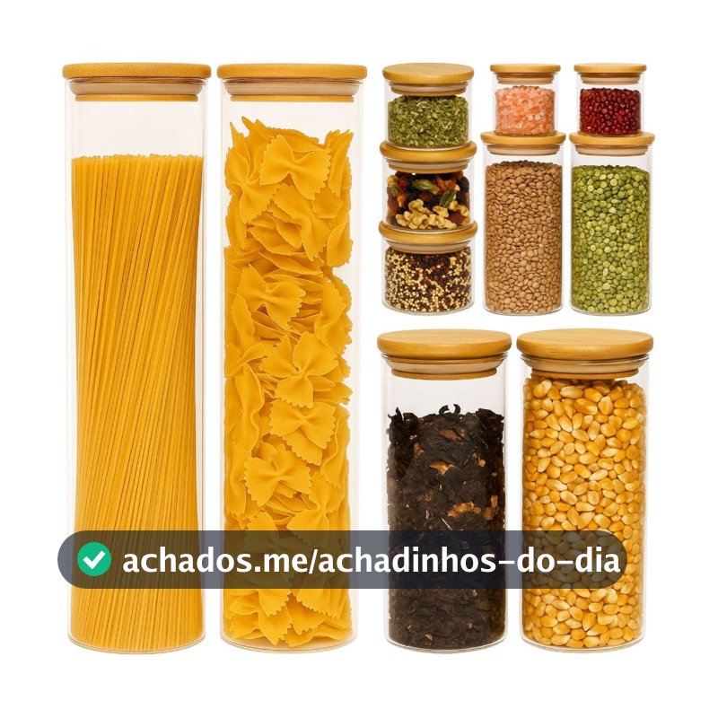 Kit 11 Potes Herméticos de Vidro com Tampa de Bambu para Cozinha Mantimentos Alimentos