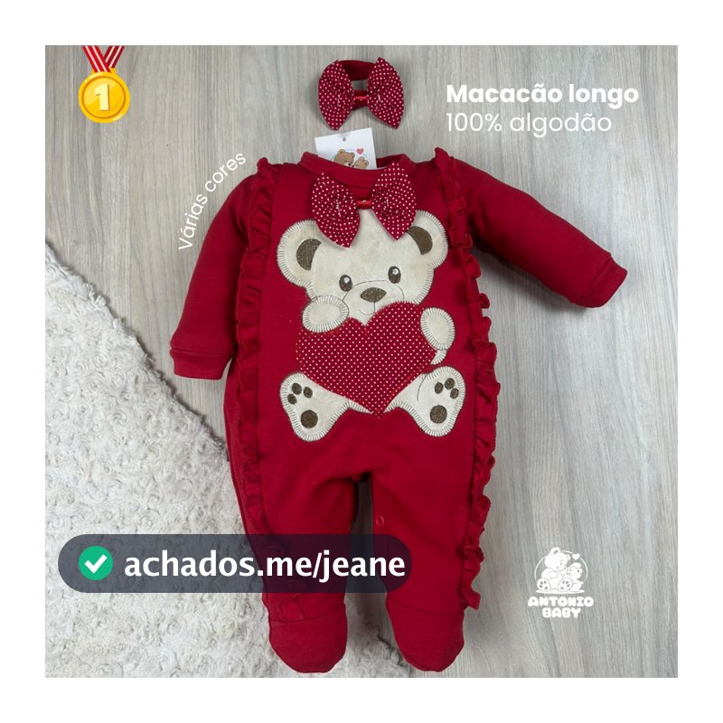 Macacão bebê menina bordado ursa coração com laço delicado