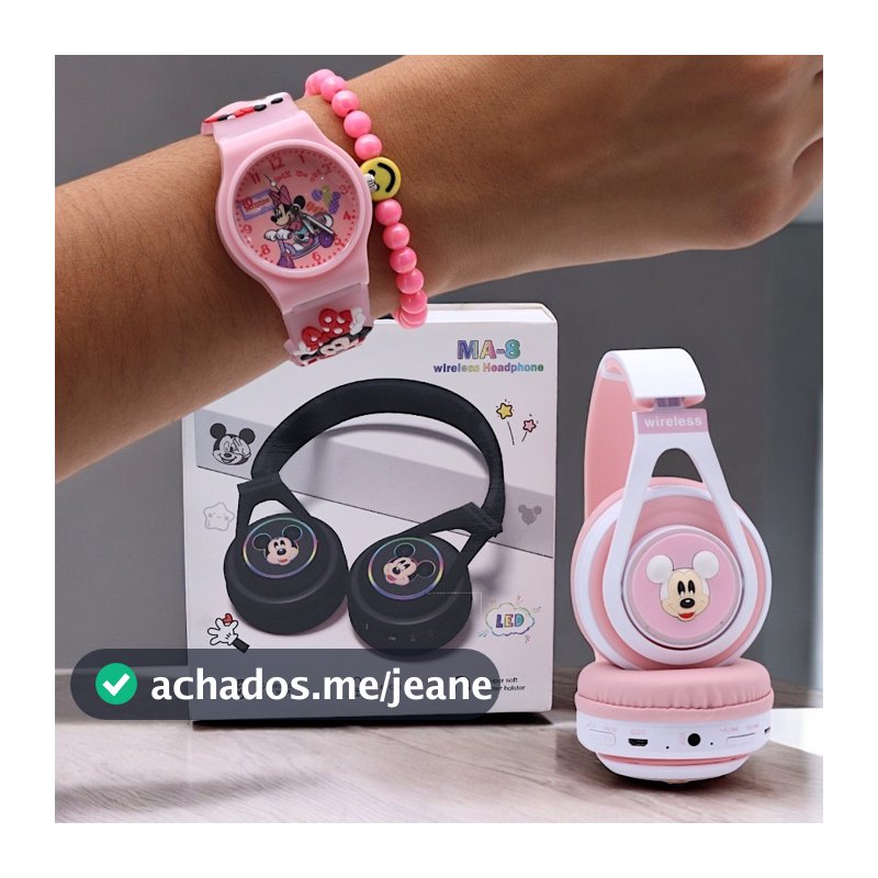 Fone de Ouvido Bluetooth Sem Fio M. Mouse + Relógio Infantil Analógico P/Crianças  - Divertido e Funcional