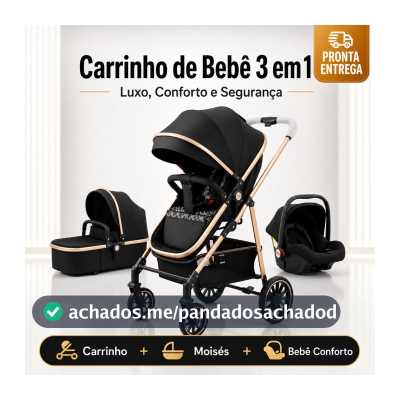 Carrinho De Bebê 3 Em 1 Premium Luxo Moisés + Bebê Conforto Completo Reclinável Rodas Com Amortecedor Kit Enxoval Segura