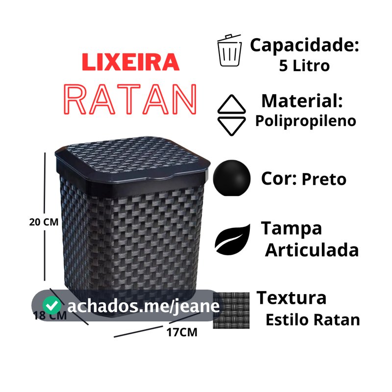 LIXEIRA PIA RATTAN COM TAMPA LUXO PRETA – 5 LITROS