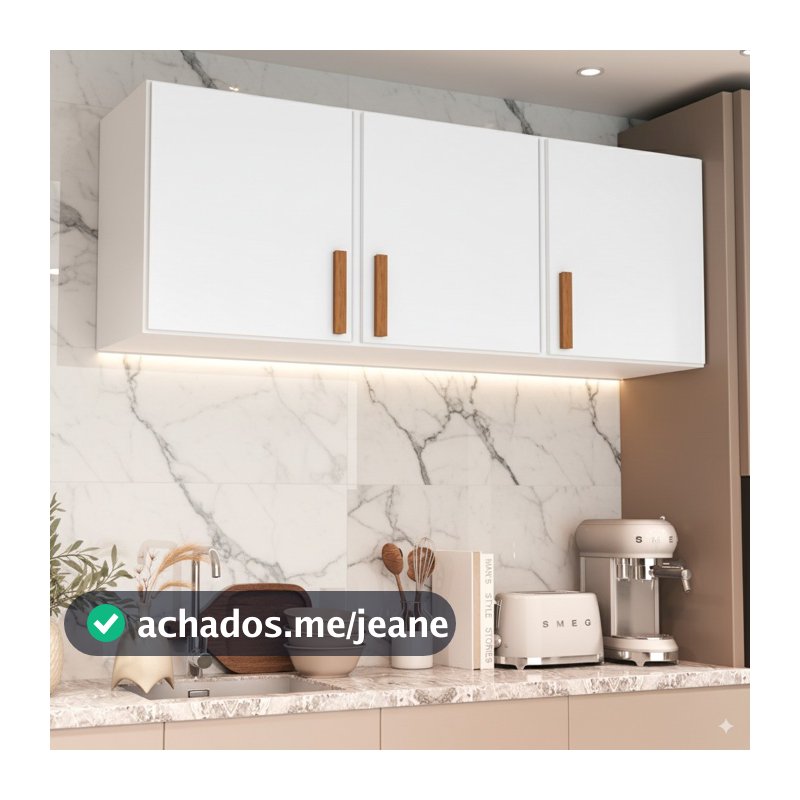 Armário Aéreo Medusa 3 Portas 120cm Cozinha Lavanderia Preto Puxador Amadeirado