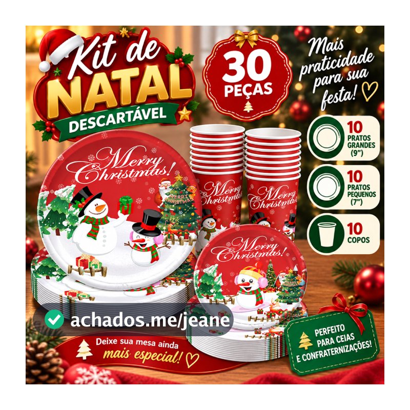 Kit Natal 30 Peças Pratos 7 e 9 Pol Copos Boneco de Neve Festa