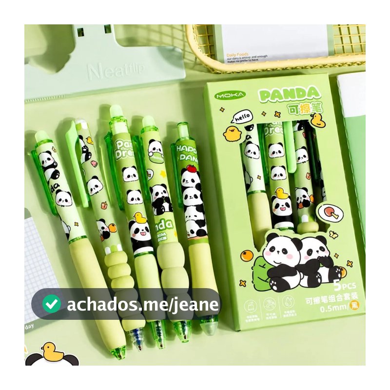 Kit 5 Canetas Premium Apagáveis Panda Importadas com Blister