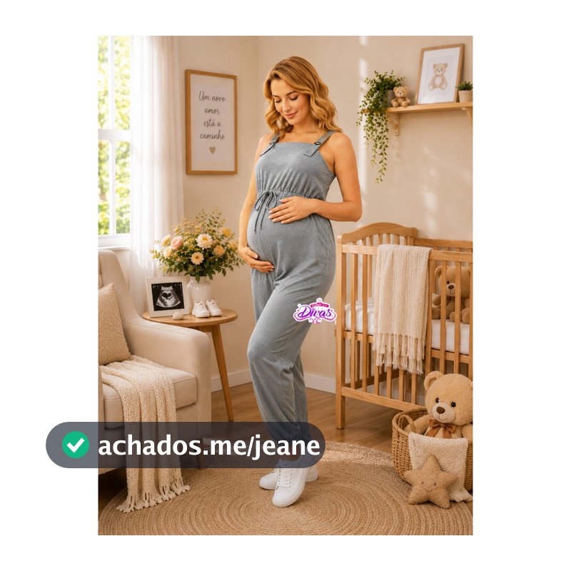 Macacão Gestante Jardineira Longo com Regulagem e Amamentação Conforto Ajustável
