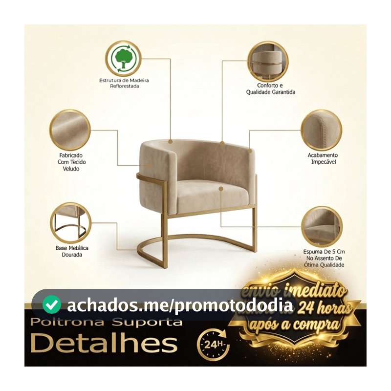 Poltrona Luna Com Base de Metal Decorativa Para Sala Salão Escritório Recepção Veludo
