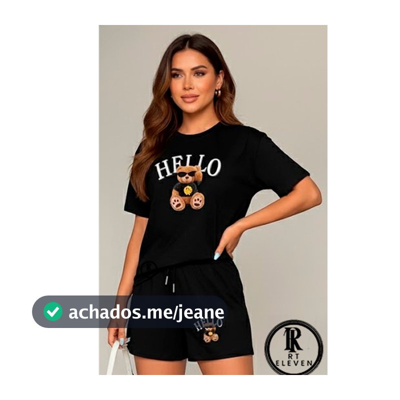 kit conjunto FEMININO Urso Hello  short moletom + blusinha 100% algodão feminina camiseta e shorts p academia Wl