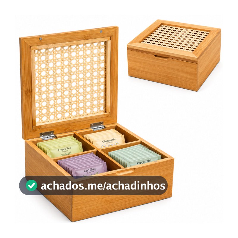 Organizador Multiuso  Porta Chá Açúcar Sachê Caixa em Bambu 4 Divisórias