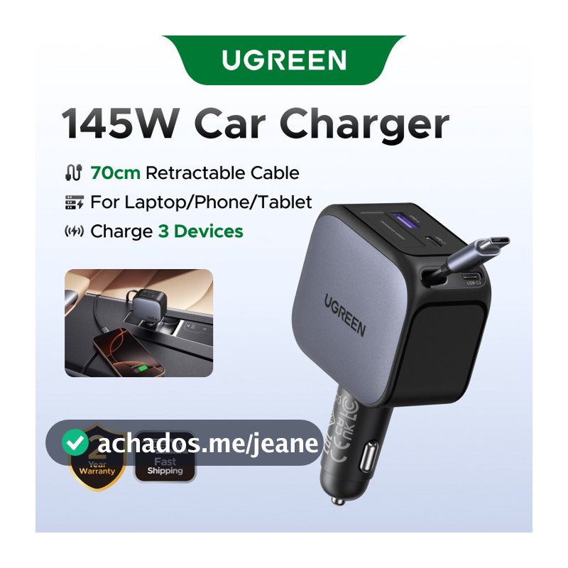Carregador De Carro UGREEN 60W/90W/145W PD60W Cabo Retrátil USB-C De Carga Rápida Para iPhone 16 Pro Max Samsung S25/S24