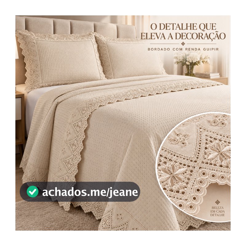 Kit 1 Cobre Leito Queen 2,60m x 2,40m Percal 300 Fios Bordado Renda Guipir e 2 Porta-Travesseiros
