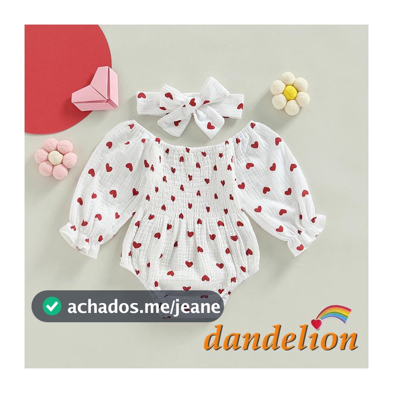 Dandelion-0-18 Meses Bebê Meninas Dia Dos Namorados Romper Coração Estampa Manga Longa Barco Pescoço Outono Inverno Bodys Com Bandana