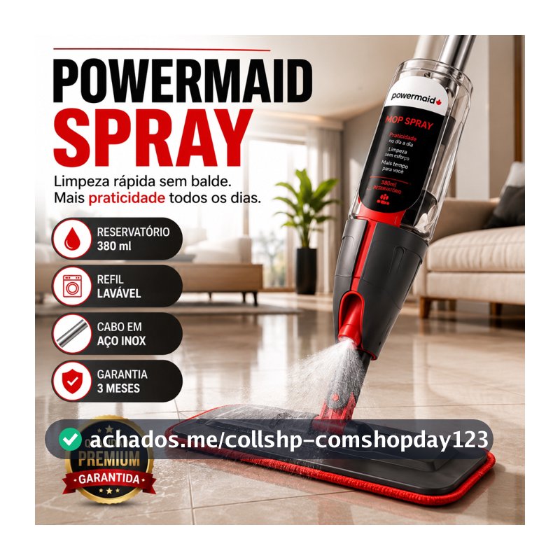 Mop Spray Powermaid 380ml Cabo Inox 129cm com Refil de Microfibra Lavável