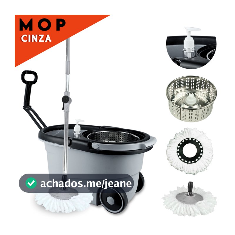 Mop Giratório Cesto Em Inox C/ Rodas e Alça Cabo de 150 cm  Kit Completo Para Limpeza Cinza - SHEFA