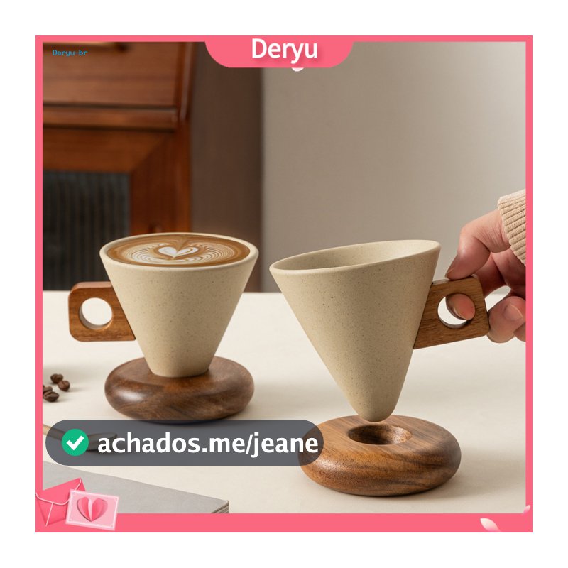Stable Coffee Mug Set Vintage Ceramic with Wooden Handle Saucer – Unique Conical Tea Cup Design Perfect Gift for Lover